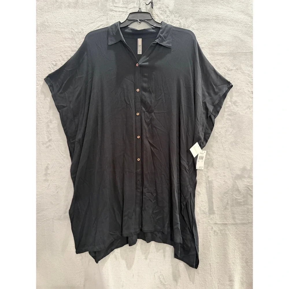 NWT Raisins Curve Vacay Button Up Women Black Swim Cover Up Shirt 1X $76
